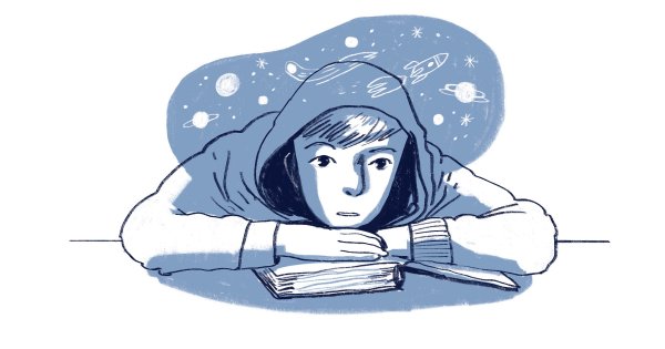 Illustrasjon av en elev som sitter ved pulten og dagdrømmer.