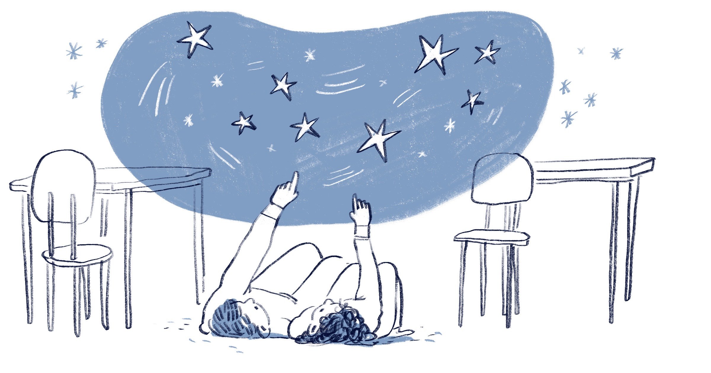 Illustrasjon av to elever ligger på gulvet i klasserommet og peker opp mot stjernehimmelen. 