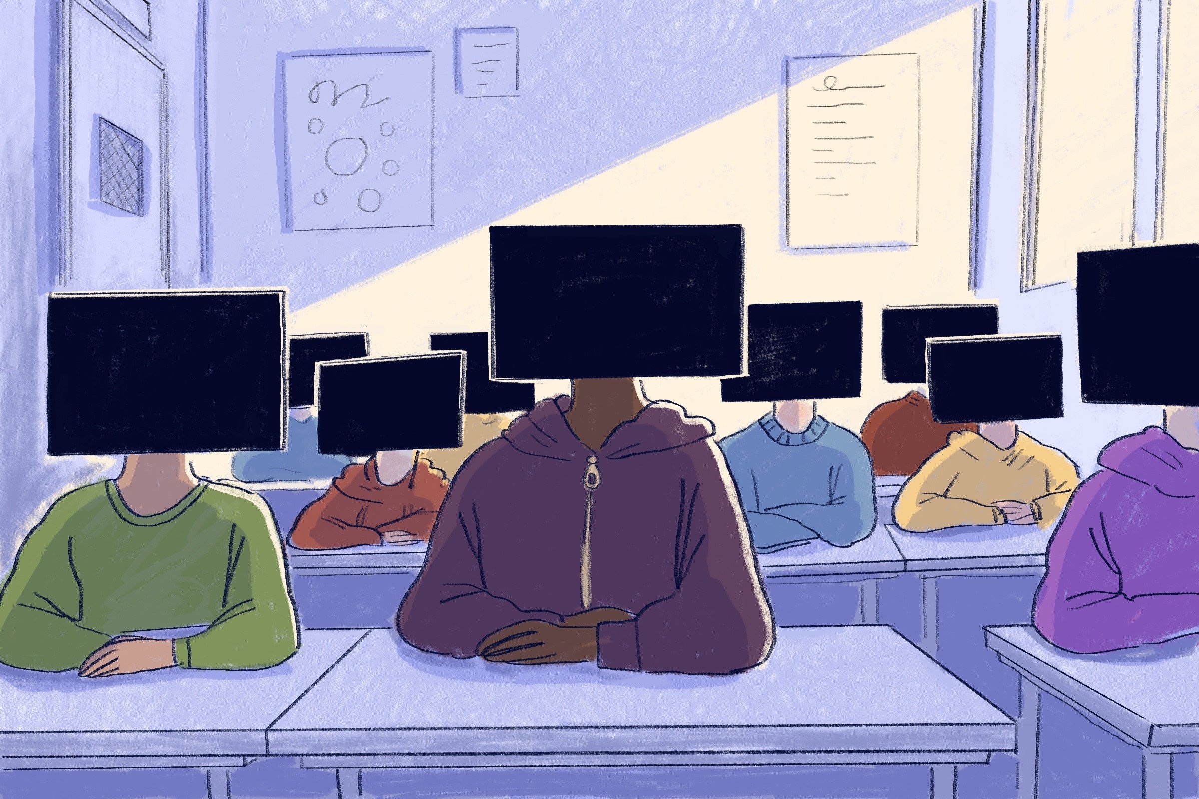 Illustrasjon av elever som sitter i klasserommet med svarte skjermer som hoder